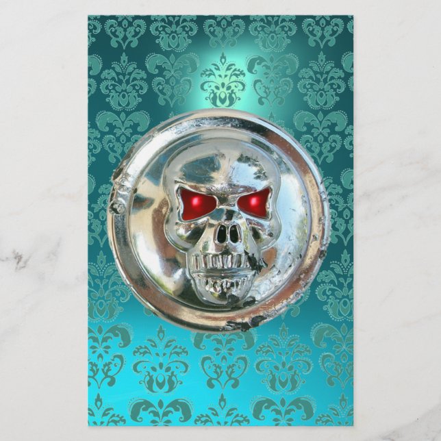 CHROME SKULL DAMASK Blue Turquase Aquamarine Brevpapper (Framsida)