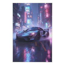 Chrome Sports Car i Cyberpunk Neon City på natten