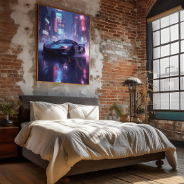 Chrome Sports Car i Cyberpunk Neon City på natten Perfect Poster