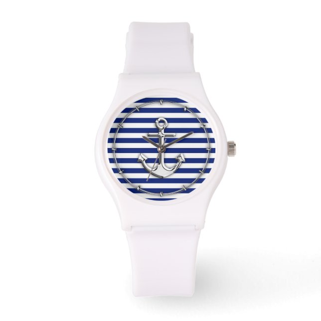 Chrome Stil Anchor on Navy Rand Decor Armbandsur (Framsida)