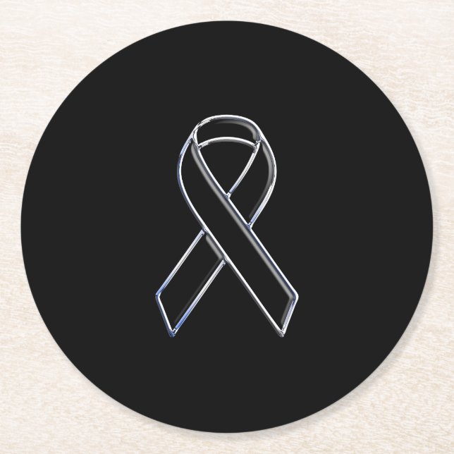 Chrome Stil Black Ribbon Awareness on Black Underlägg Papper Rund (Framsidan)