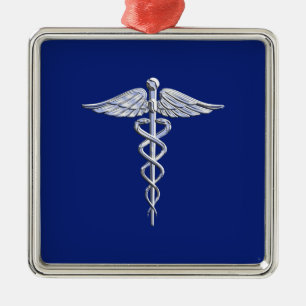 Chrome Stil Caduceus Medical Symbol på marinblått Julgransprydnad Metall