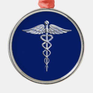 Chrome Stil Caduceus Medical Symbol på marinblått Julgransprydnad Metall