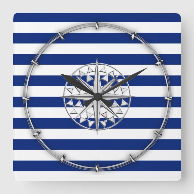 Chrome Stil Compass på Nautical Rand Fyrkantig Klocka (Framsida)