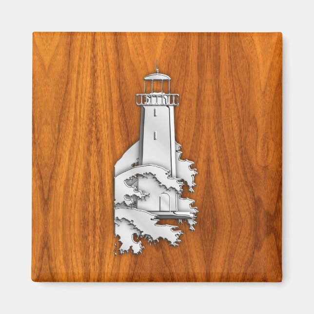 Chrome Stil fyr på Teak Wood Decor Magnet (Framsidan)