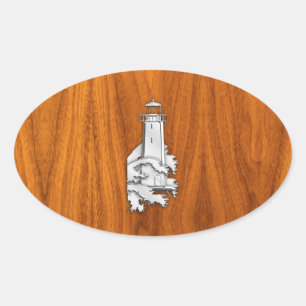 Chrome Stil fyr på Teak Wood Decor Ovalt Klistermärke