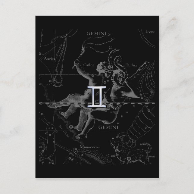 Chrome Stil Gemini Zodiac Sign på Hevelius Vykort (Framsida)
