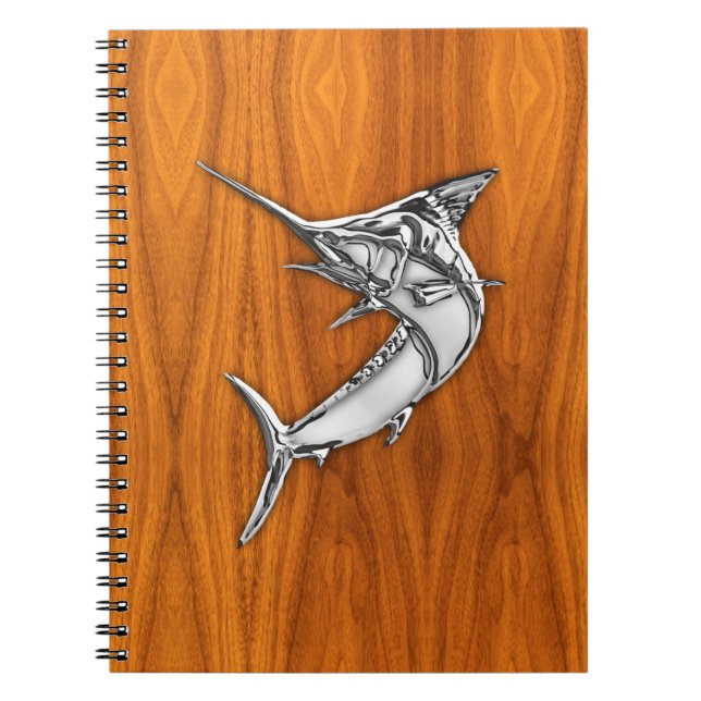Chrome Stil Marlin på Teak Wood Decor Anteckningsbok Med Spiral (Framsidan)