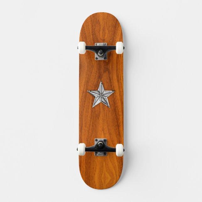 Chrome Stil Nautical Star på Teak Veneer Skateboard Bräda 21,5 Cm (Framsida)