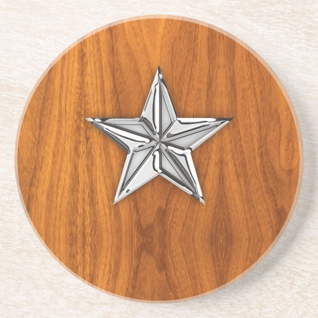 Chrome Stil Nautical Star på Teak Veneer Underlägg Sandsten (Framsidan)