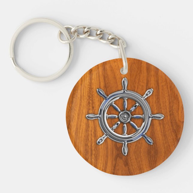 Chrome Stil Nautical Wheel på Teak Veneer (Framsidan)