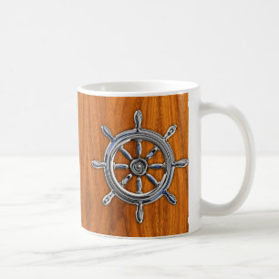 Chrome Stil Nautical Wheel på Teak Veneer Kaffemugg