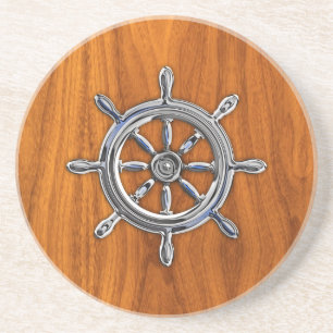 Chrome Stil Nautical Wheel på Teak Veneer Underlägg Sandsten
