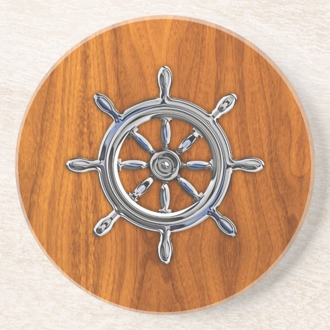 Chrome Stil Nautical Wheel på Teak Veneer Underlägg Sandsten (Framsidan)