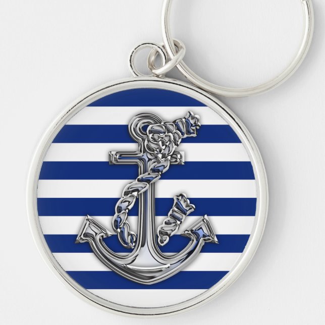 Chrome Stil Rope Anchor på Nautical Rand Rund Silverfärgad Nyckelring (Framsidan)