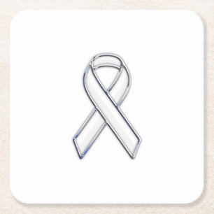 Chrome Stil White Ribbon Awareness Underlägg Papper Kvadrat