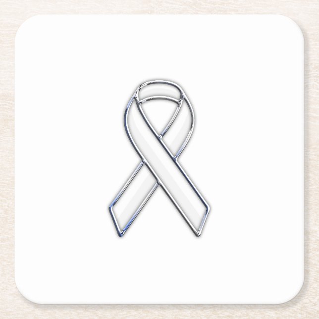 Chrome Stil White Ribbon Awareness Underlägg Papper Kvadrat (Framsidan)