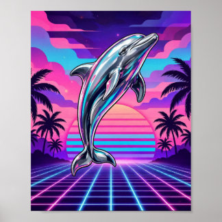 Chrome Vaporwave Delfin Retro Solnedgång Poster