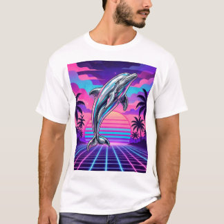 Chrome Vaporwave Dolphin — Retro Solnedgång Grid P T Shirt