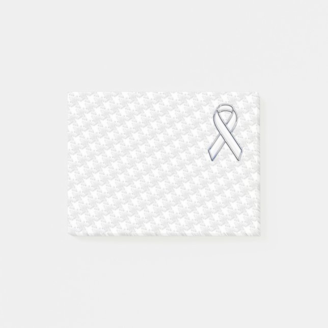 Chrome White på White Ribbon Awareness Houndstooth Post-it Block (Framsida)