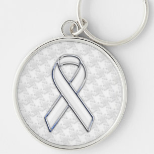 Chrome White på White Ribbon Awareness Houndstooth Rund Silverfärgad Nyckelring