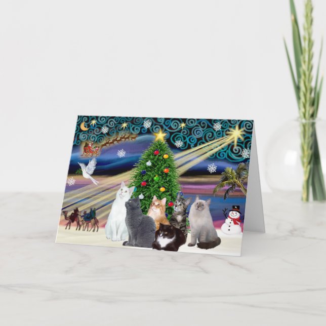 Chrstmas Magic - Sex katter (sort) Helgkort (Framsida)