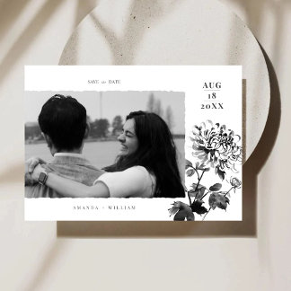 Chrysanthemum Bläck Art Photo Save Date Card Spara Datumet