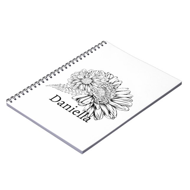 Chrysanthemum Black Line Drawing with Your Name  Anteckningsbok (Vänstra Sidan)