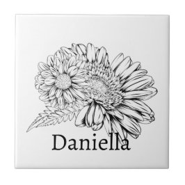 Chrysanthemum Black Line Drawing with Your Name  Kakelplatta