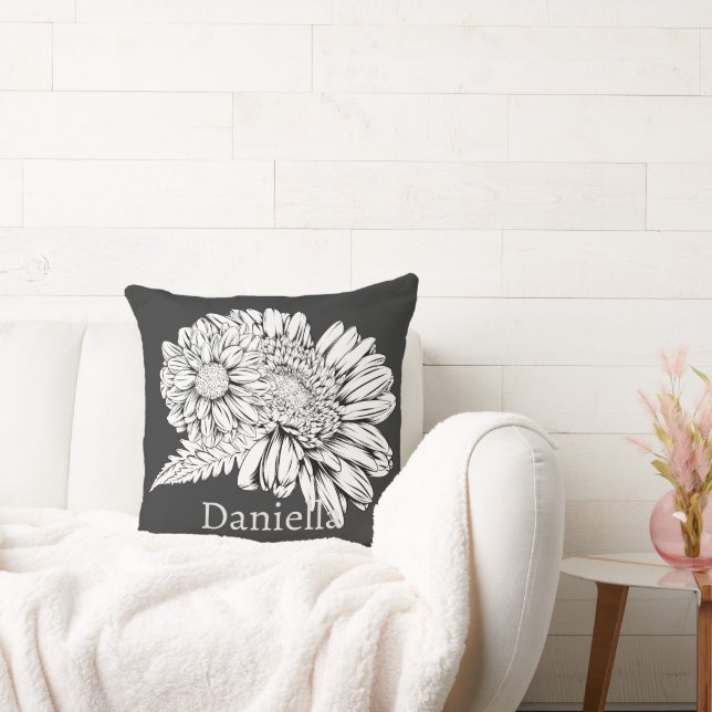 Chrysanthemum Black Line Drawing with Your Name  Kudde (Soffa)