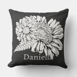 Chrysanthemum Black Line Drawing with Your Name  Kudde