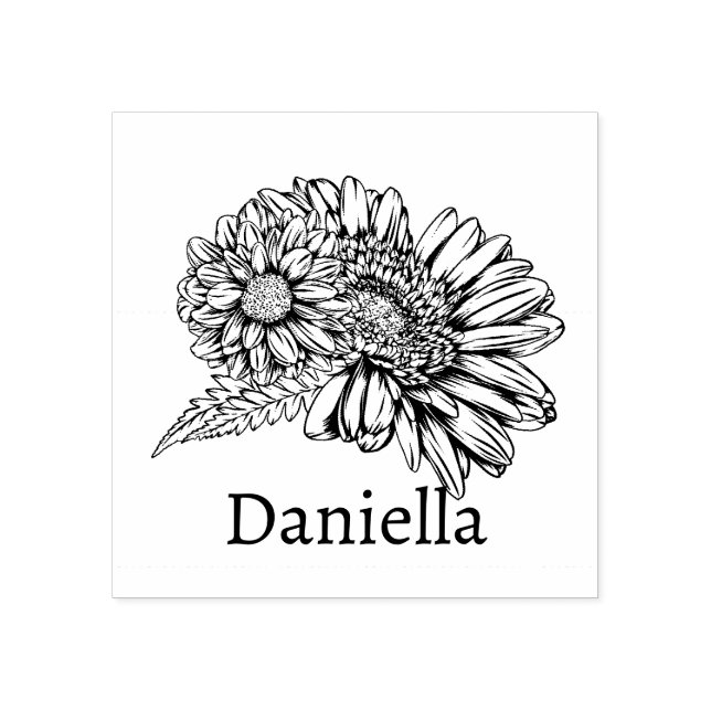 Chrysanthemum Black Line Drawing with Your Name  Stämpel (Tryck)