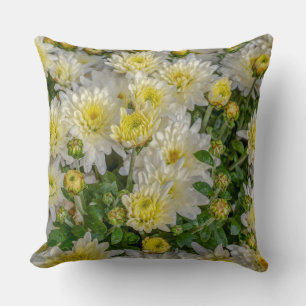 Chrysanthemum Blommigt Gult Grönt White Kudde