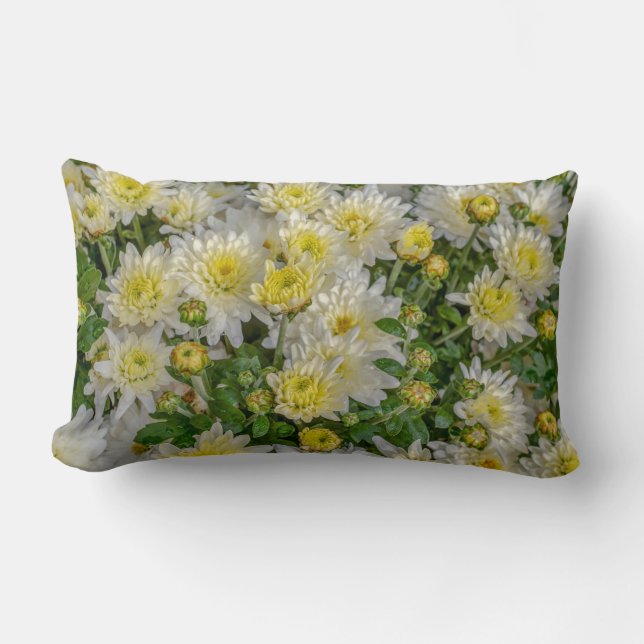 Chrysanthemum Blommigt Gult Grönt White Lumbarkudde (Framsida)