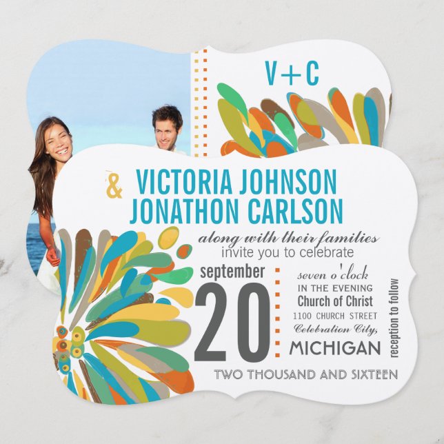 Chrysanthemum Coral Gult Grönt Blommigt Photo Inbjudningar (Fram/baksida)