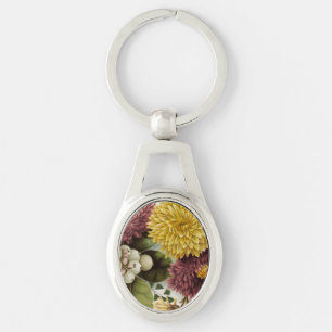 Chrysanthemum Flower Morsa Blommigt Ovalt Silverfärgad Nyckelring