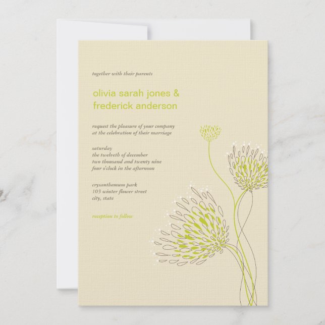 Chrysanthemum Flowers Blommigt Elegant Chic Bröllo Inbjudningar (Framsida)