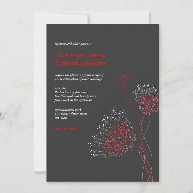 Chrysanthemum Flowers Blommigt Elegant Chic Bröllo Inbjudningar (Framsida)