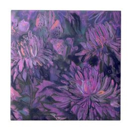 Chrysanthemum Flowers Blommigt Painting Violet Ros Kakelplatta