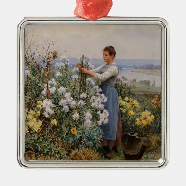 Chrysanthemum Flowers (flicka i trädgården) Julgransprydnad Metall (Framsidan)