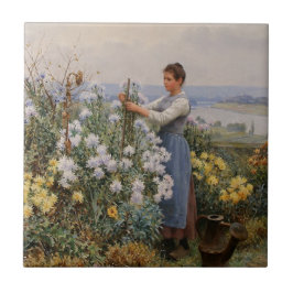 Chrysanthemum Flowers (flicka i trädgården) Kakelplatta