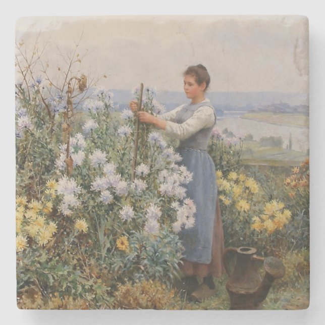 Chrysanthemum Flowers (flicka i trädgården) Stenunderlägg (Framsidan)