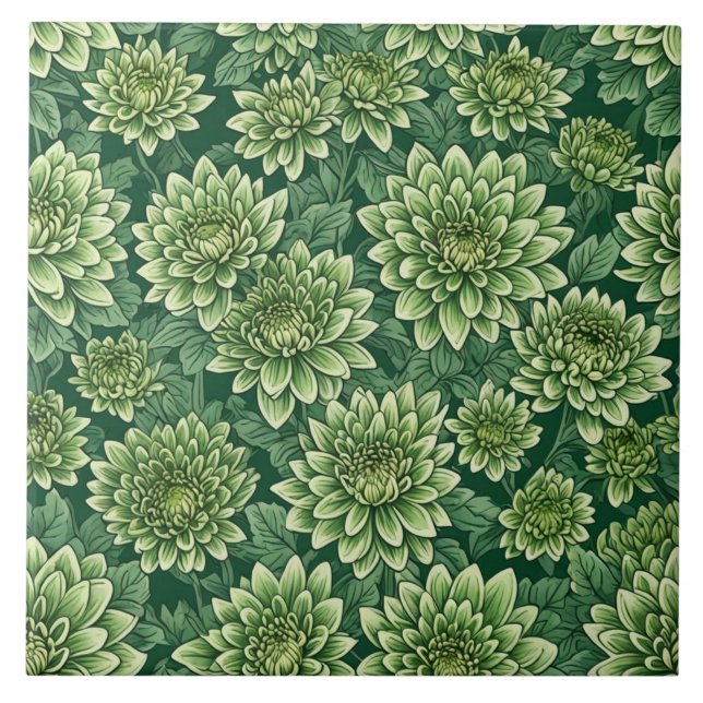 Chrysanthemum grönt-blomman mönster kakelplatta (Framsidan)