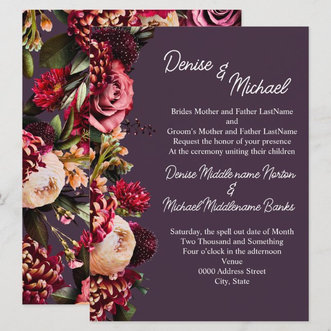 Chrysanthemum på Midnight Plum Inbjudningar (Fram/baksida)