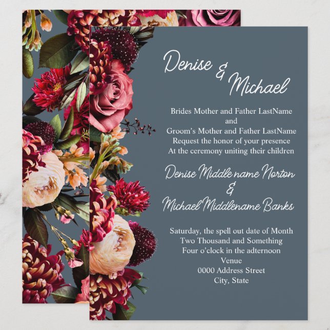 Chrysanthemum på Midnight Teal Inbjudningar (Fram/baksida)