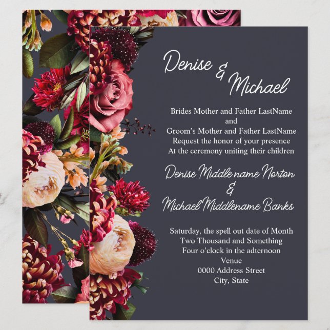 Chrysanthemum på Polar Night Grått Inbjudningar (Fram/baksida)