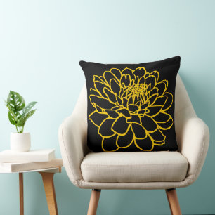 Chrysanthemum Teckning - Amber on Black Kudde