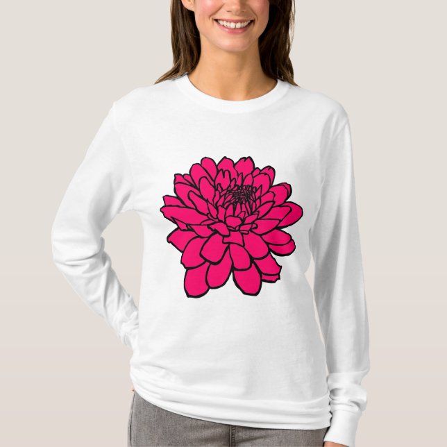 Chrysanthemum Teckning - Black och Neon Red T Shirt (Framsida)