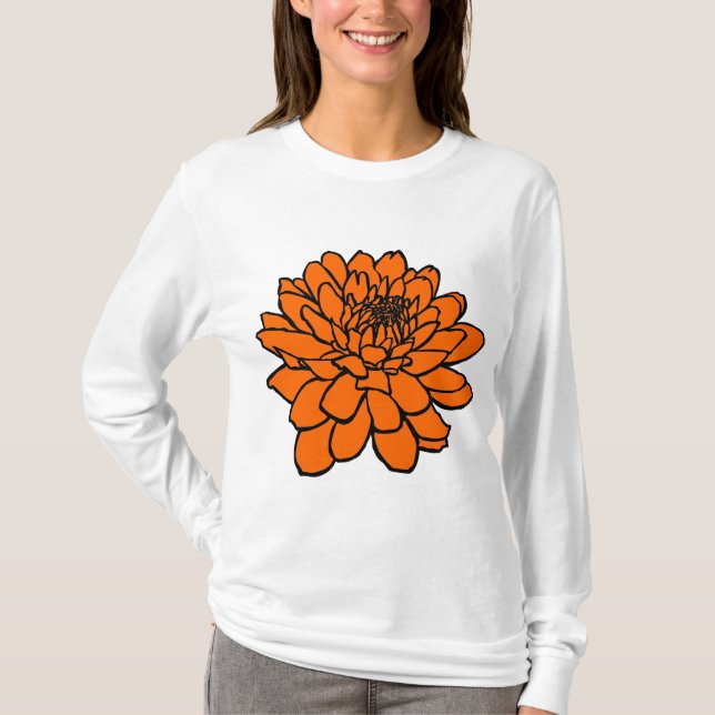 Chrysanthemum Teckning - Svart och Orange T Shirt (Framsida)