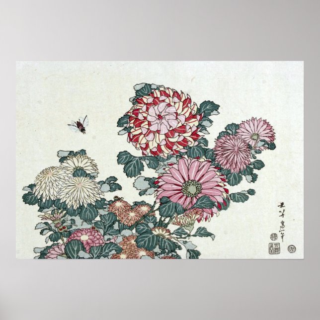 Chrysanthemums & Bee, Japansk Art av Hokusai Poster (Framsidan)